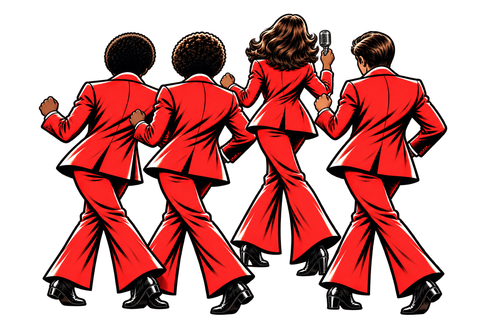 Four people in red suits performing a choreographed dance, with one holding a microphone, mirroring the rhythmic habits for web designers.