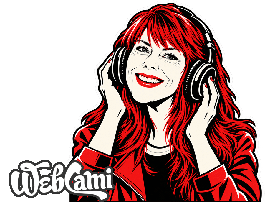 Illustration of a smiling woman with long red hair wearing headphones, featuring habits for web designers, with the “WebCami” logo in the bottom corner.