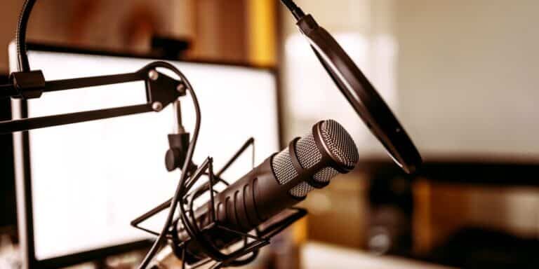 Microphone on stand. Podcast recording concept.