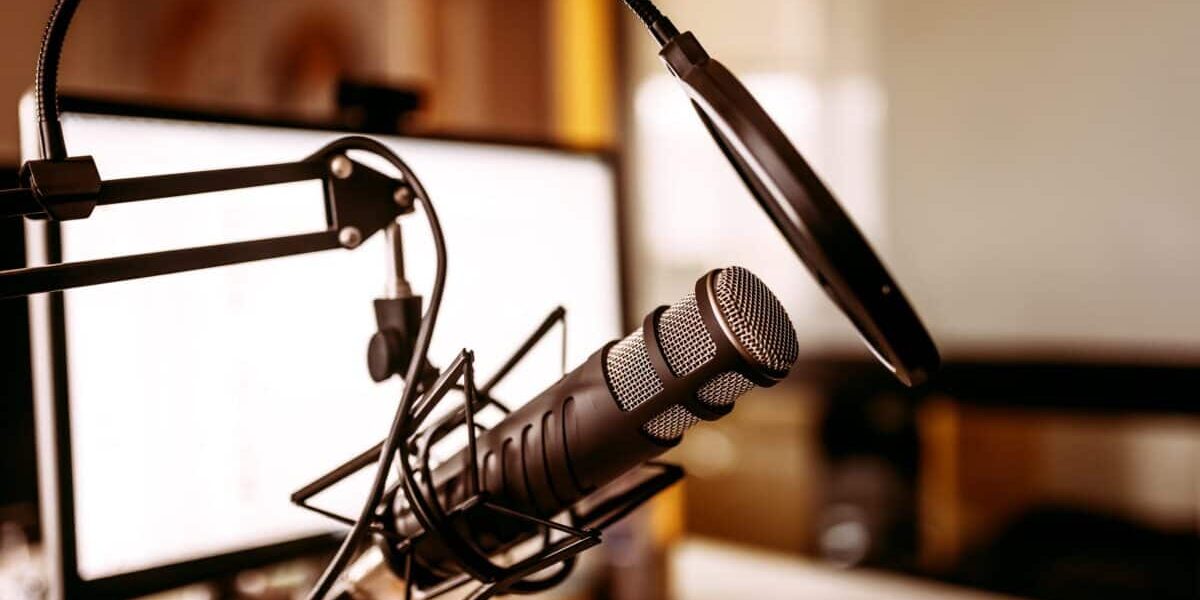 Microphone on stand. Podcast recording concept.